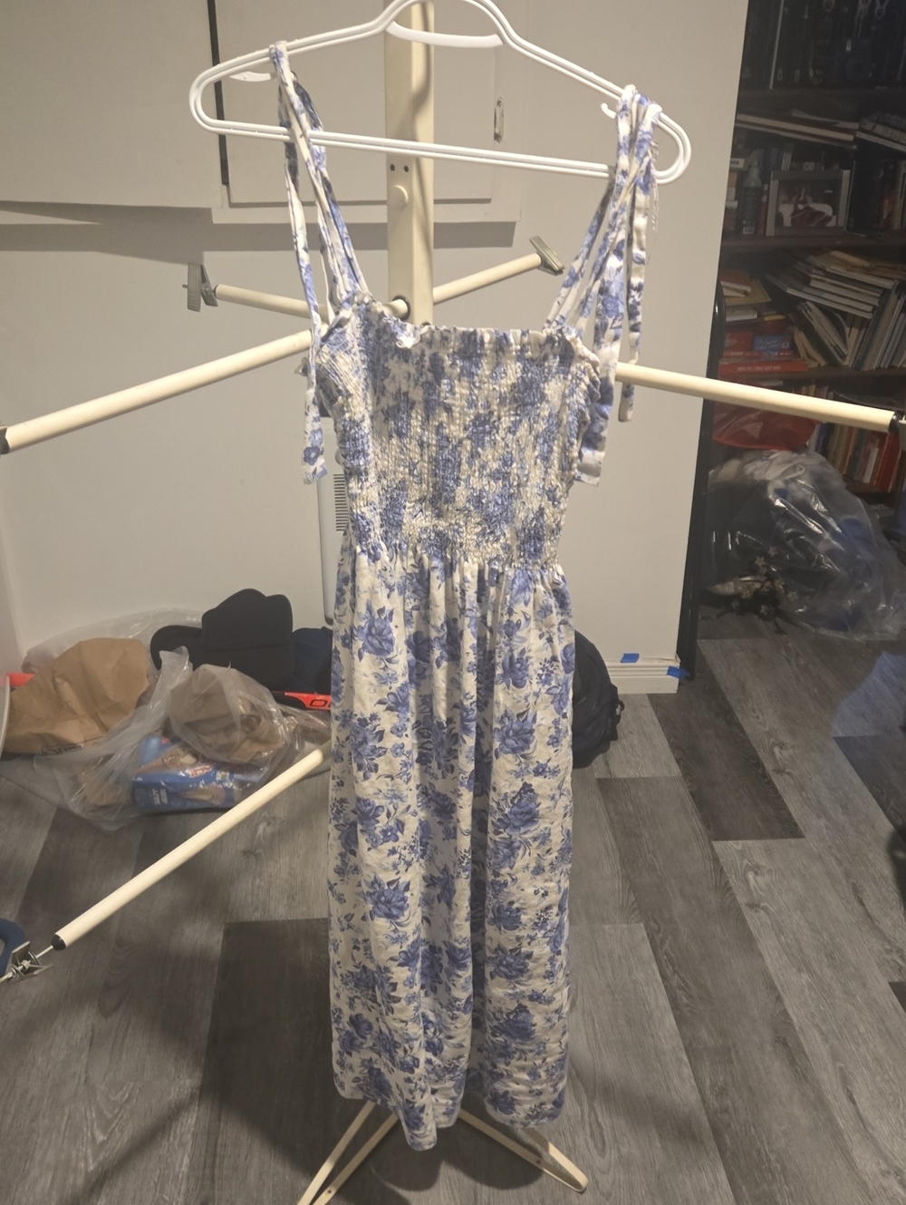 Wilfred White and Blue Floral Smocked Tie-Shoulder Midi Dress